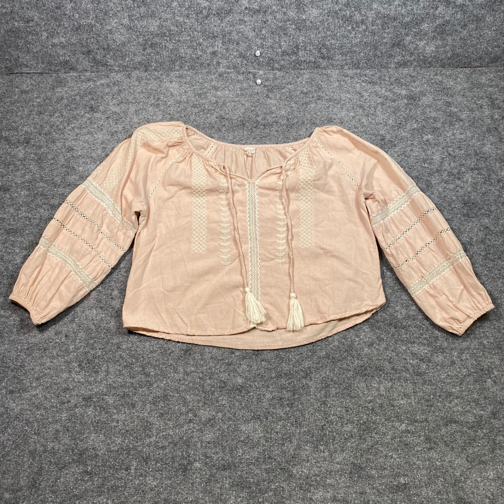 Artelier Nicole Miller Blush‎ Pink Embroidered Cotton Peasant Blouse Lace Large